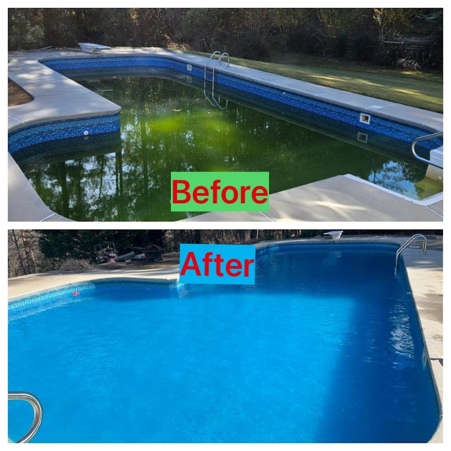 Pool before and after algae removal, rectangular pool fully restored